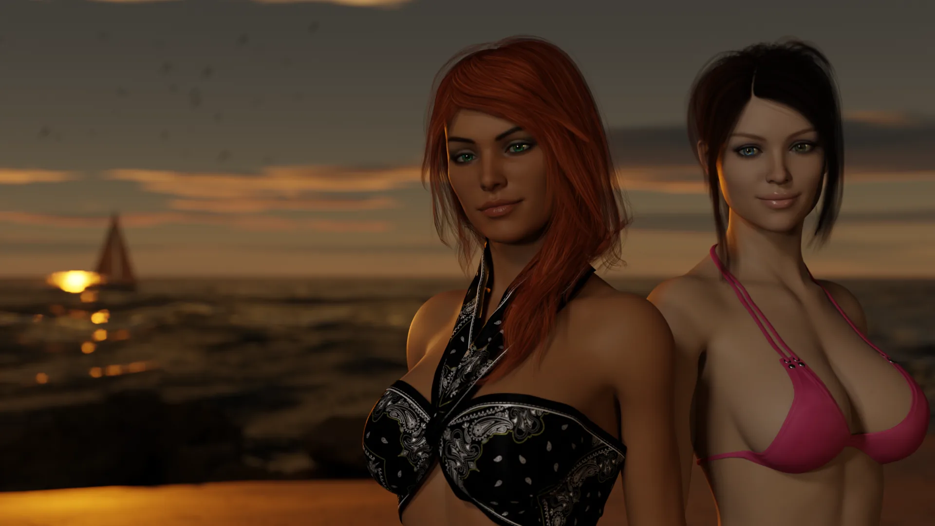 Chasing Sunsets key art: two women on a boat at sunset